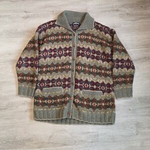 Lost Horizons Womens Handmade Long Fair Isle Wool Cardigan Size Large